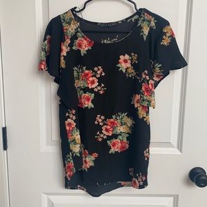 Floral black ruffle sleeve blouse
